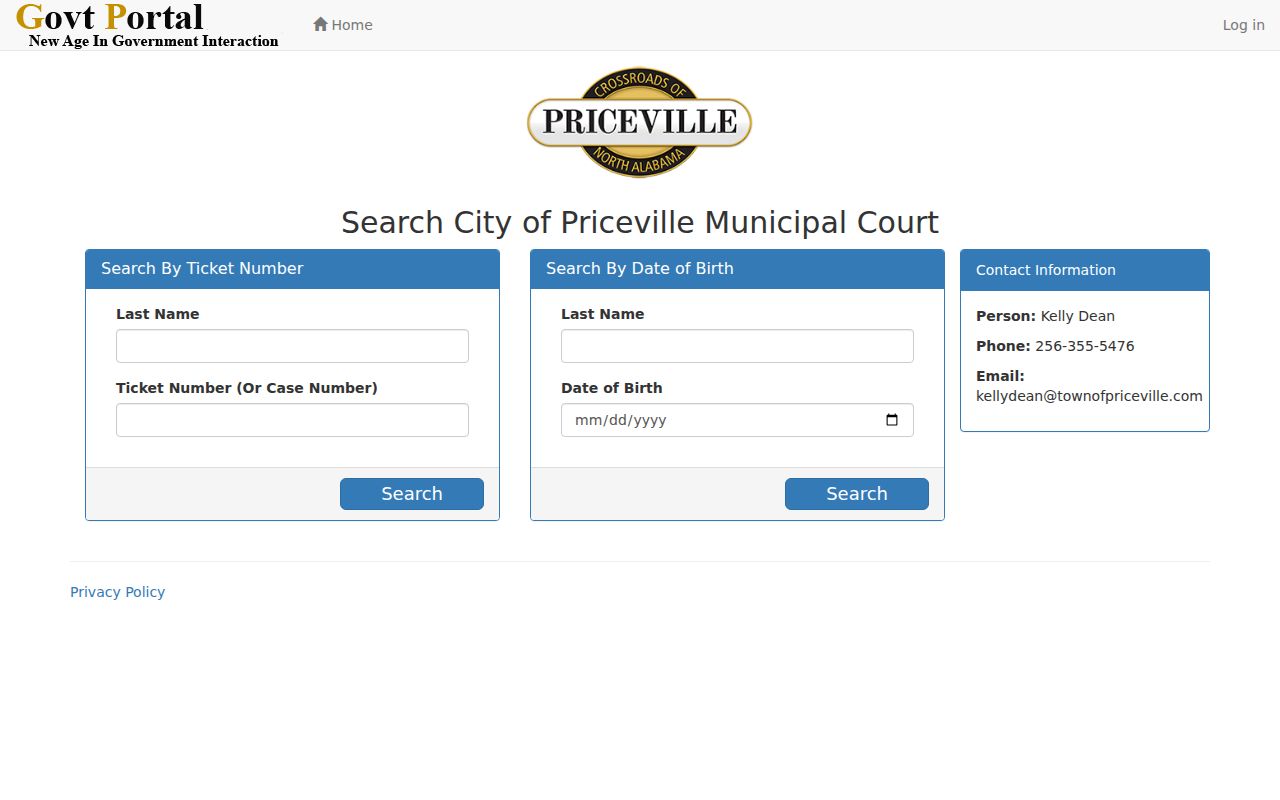 Priceville citation search choices for last name, ticket number, case number, and birth date