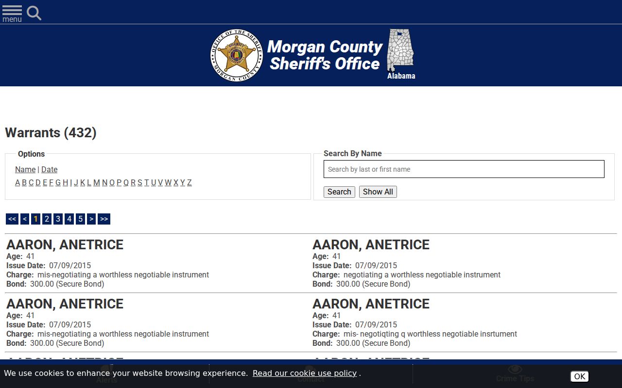 Morgan County warrant records alphabetical search option